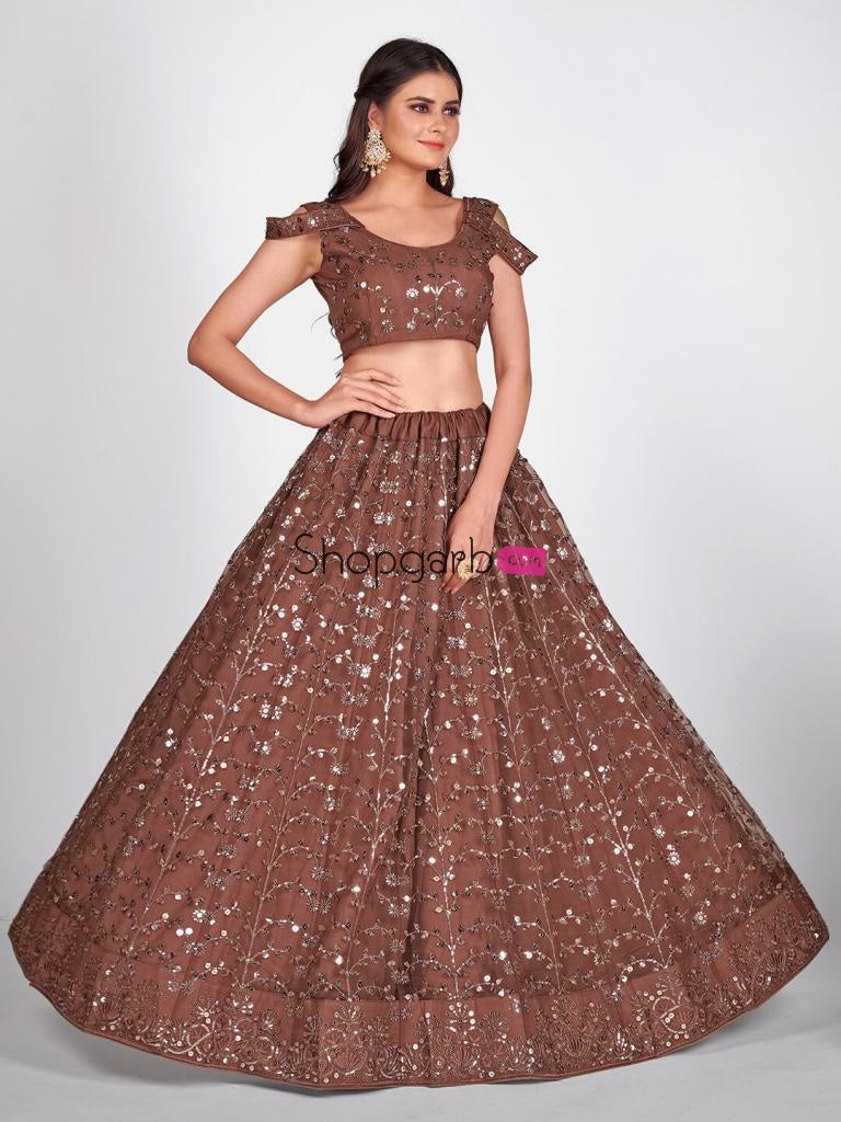 Brown & Silver-Toned Semi-Stitched Lehenga Unstitched Blouse With Dupatta