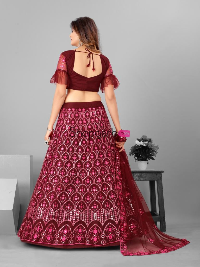 Captivation Maroon And Steel Sequins Wedding Wear Lehenga Blouse With Dupatta