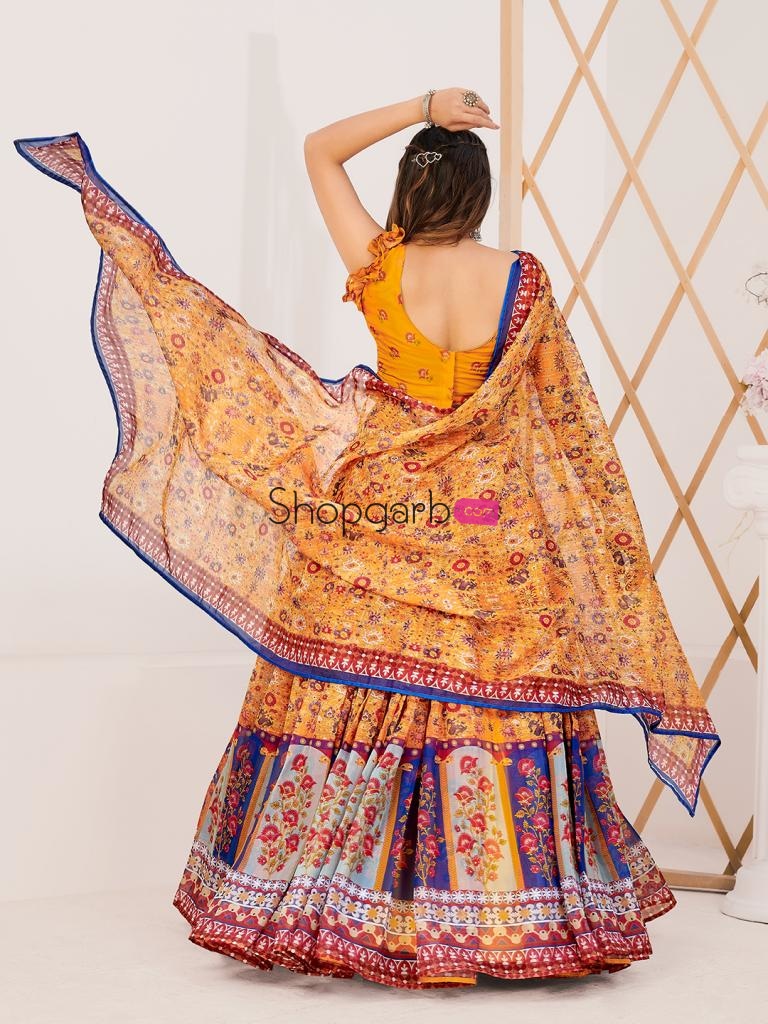 Designer Yellow And Blue Printed Lehenga Blouse With Dupatta