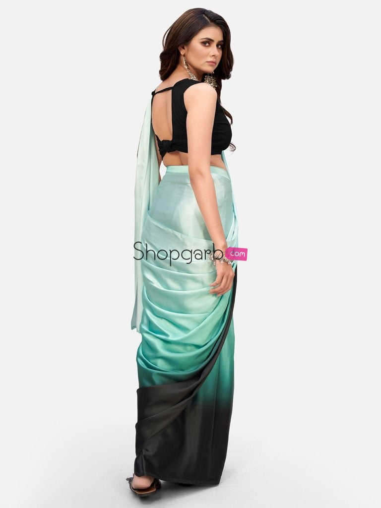 Distinctive Sea Green And Black Ready To Wear Saree