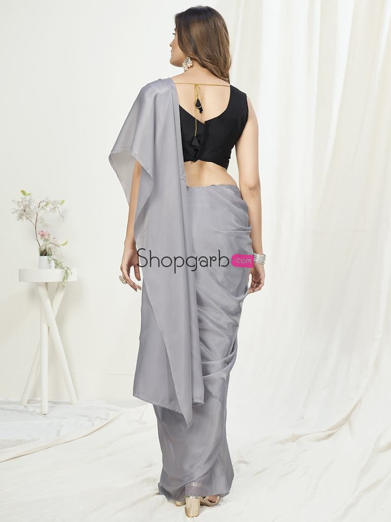 Fancy Grey Ready To Wear One Minute Saree In Satin Silk