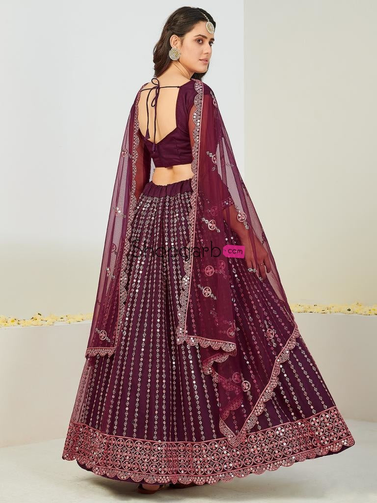 Fancy Maroon Embroidered Sequinned Lehenga And Blouse With Dupatta