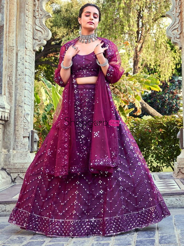 Fancy Wine Sequins Embroidered Soft Net Wedding Lehenga Choli