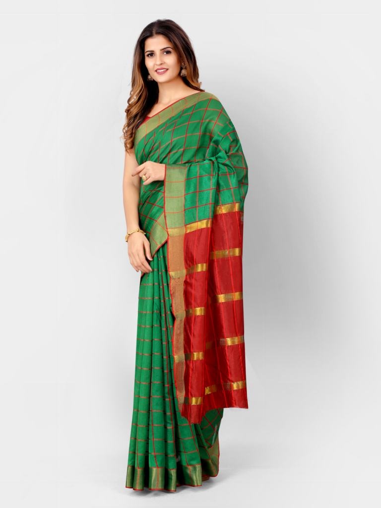 Green And Red Woven Design Silk Cotton Newest Saree