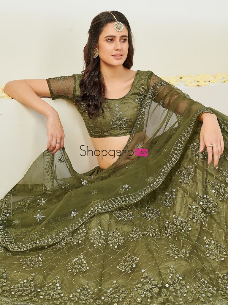 Indias Popular Lime Green And Silver Sequins Thread Work Lehenga Blouse With Dupatta