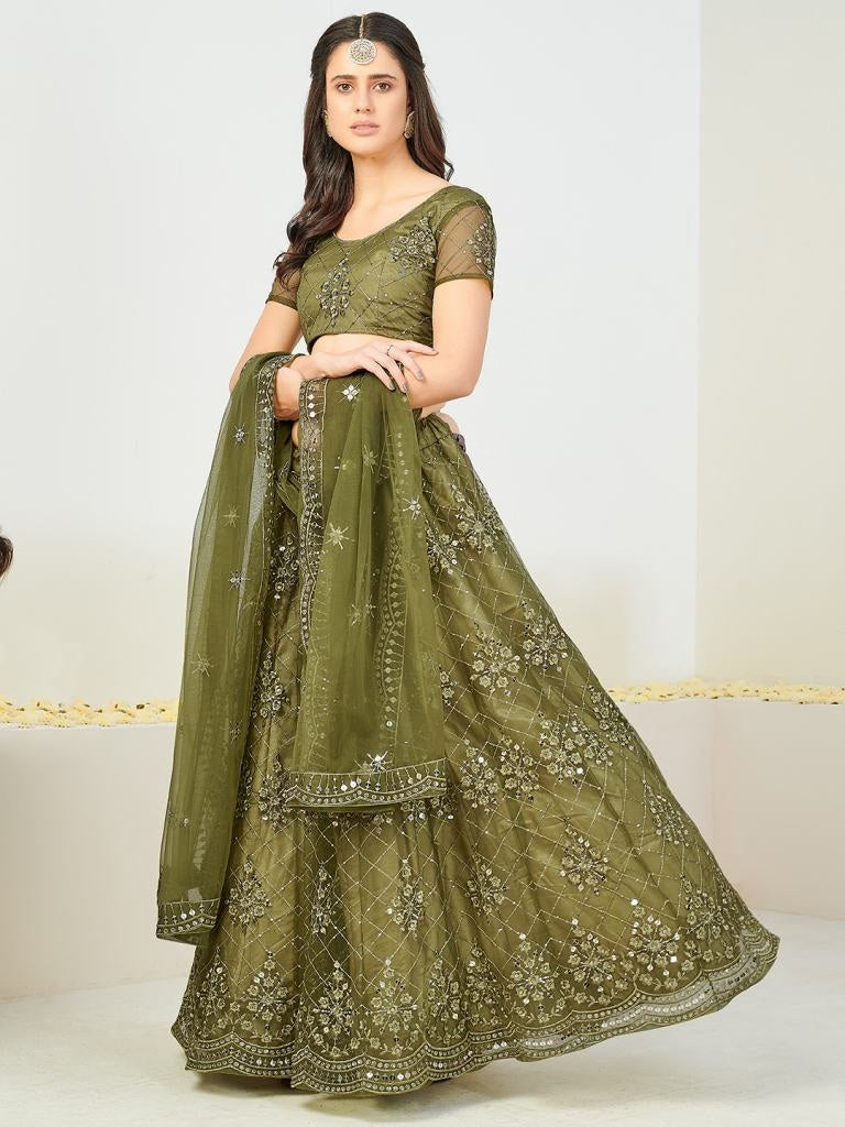 Indias Popular Lime Green And Silver Sequins Thread Work Lehenga Blouse With Dupatta