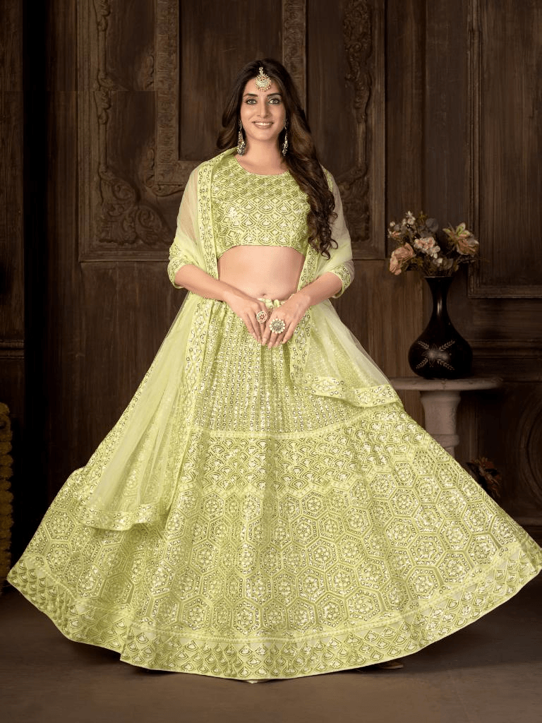 Lemon Yellow Heavy Soft Net Sequins Wedding Wear Lehenga Choli