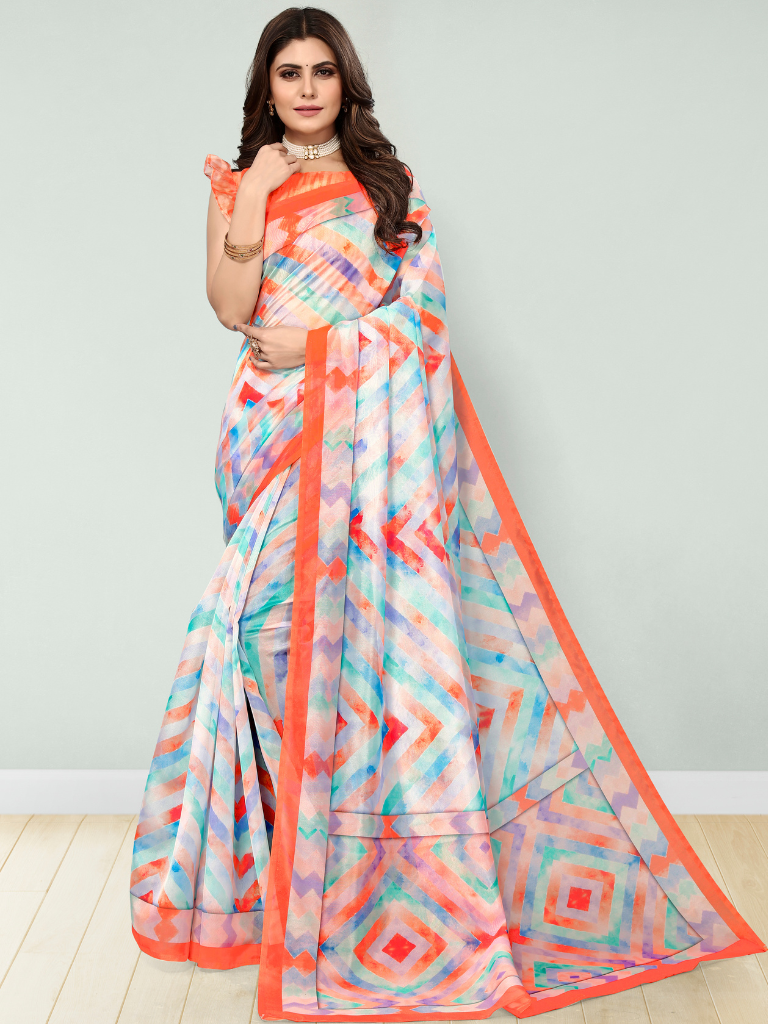 Light Orange Floral Digital Printed Cotton Silk Linen Saree