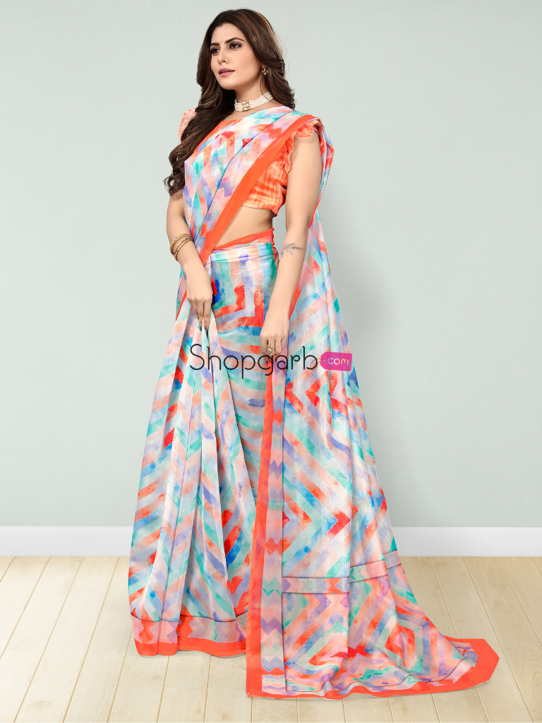 Light Orange Floral Digital Printed Cotton Silk Linen Saree