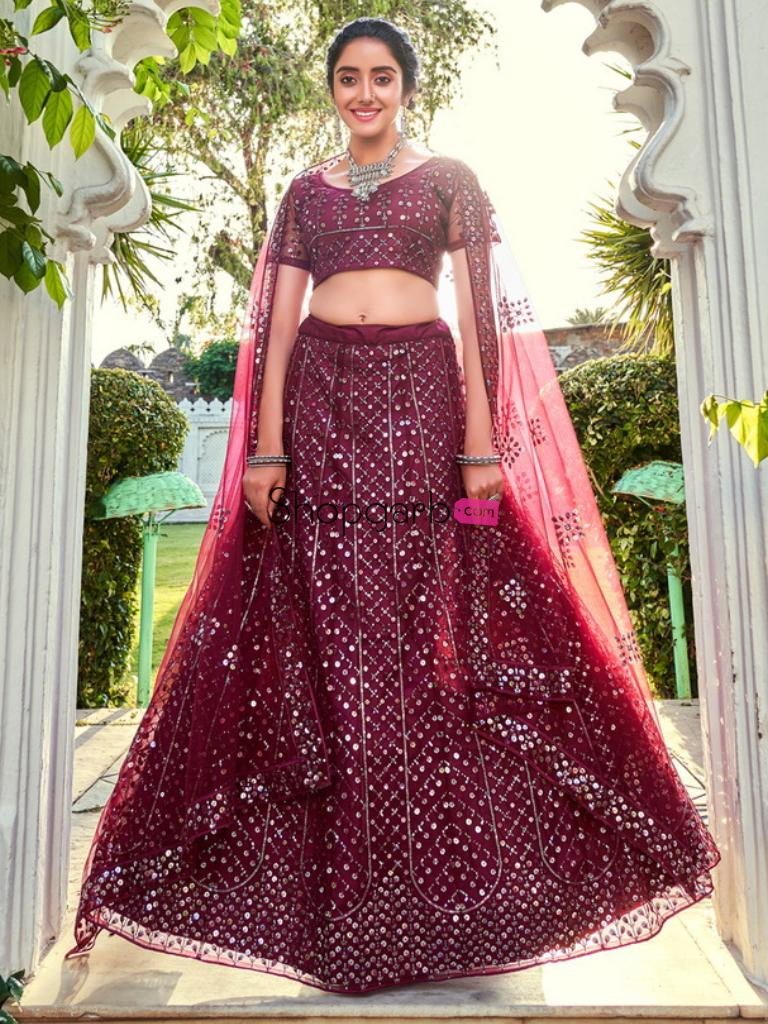 Maroon Sequins Embroidered Soft Net Wedding Lehenga Choli