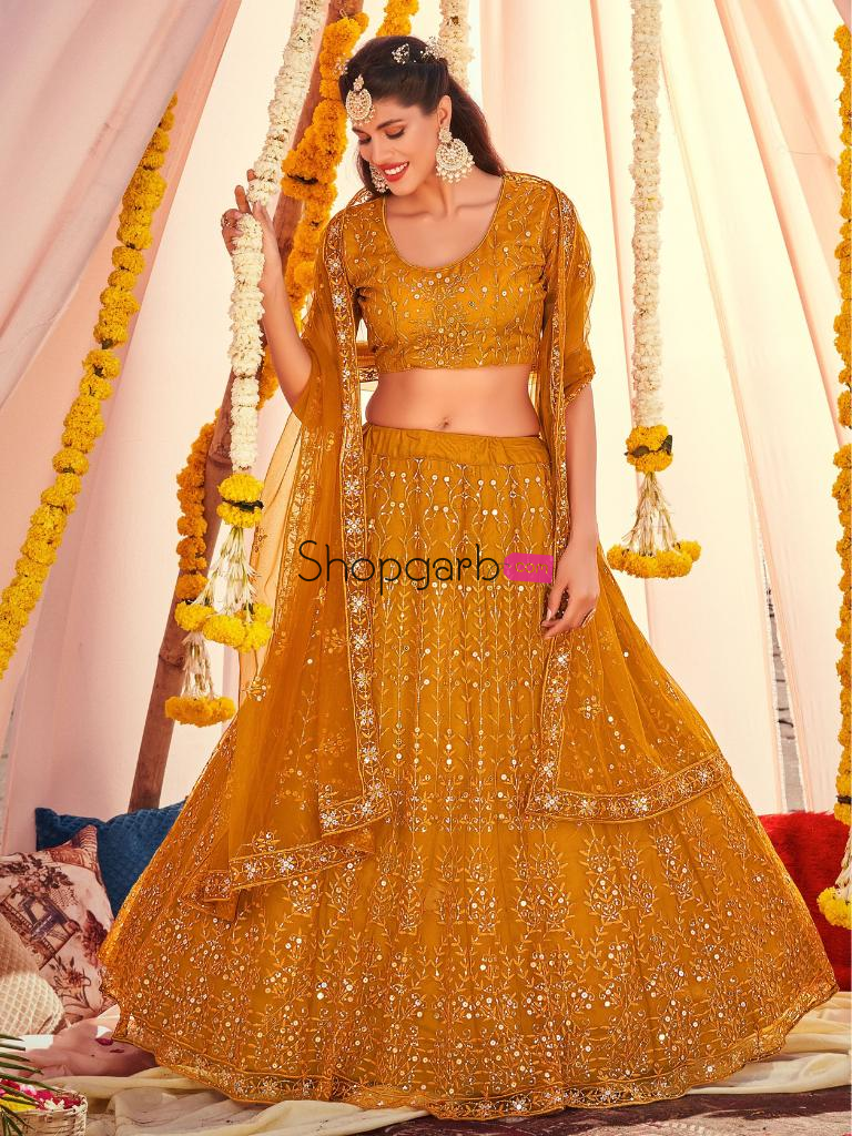 Mustard Yellow Soft Net Lehenga Choli With Sequins & Embroidery Work