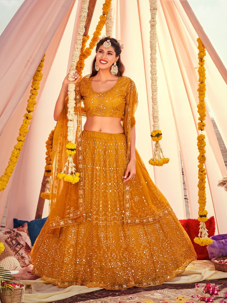 Mustard Yellow Soft Net Lehenga Choli With Sequins & Embroidery Work