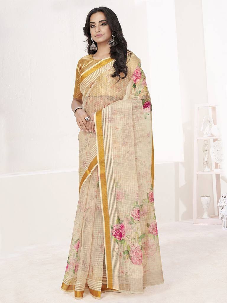 Off White Floral Digital Printed Cotton Silk Linen Saree