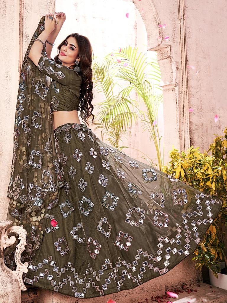 Olive Green Gota-Patti Worked Net Wedding Lehenga Choli