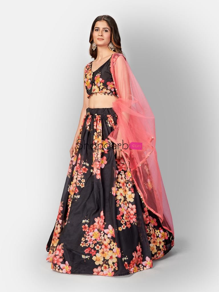 Party Wear Fusion Style Black Digital Printed Semi-Stitched Lehenga And Unstitched Blouse With