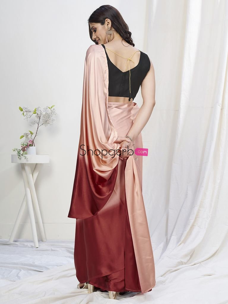Pastel Peach-Maroon Ready To Wear One Minute Lycra Saree