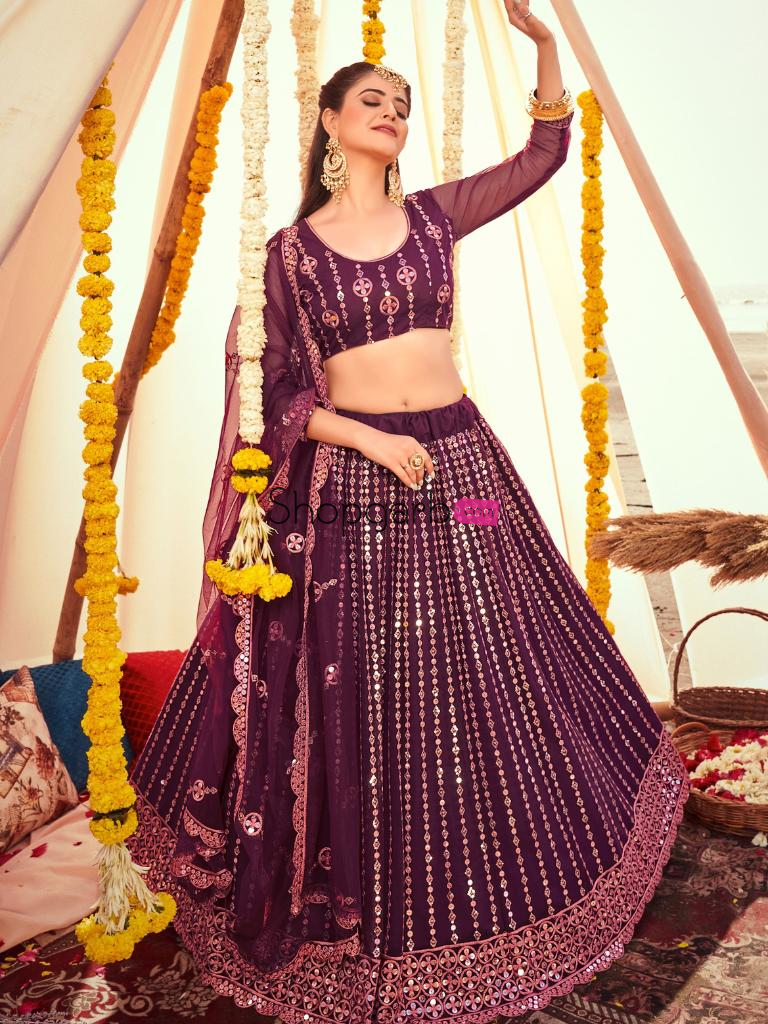 Stunning Purple Thread Embroidery Mulberry Silk Wedding Lehe