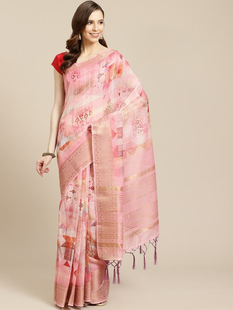 Preety Stylish Vichitra Peach Color Silk Blend Heavy Febric