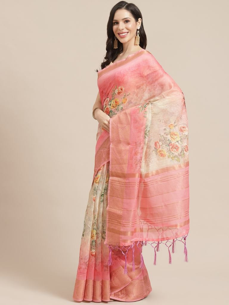 Preety Stylish Vichitra Peach Color Silk Blend Heavy Febric