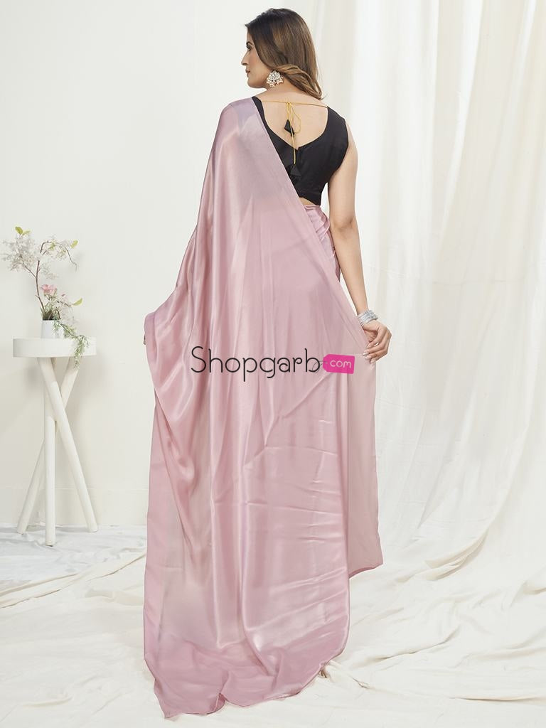 Rose Pink Ready To Wear One Minute Saree In Satin Silk
