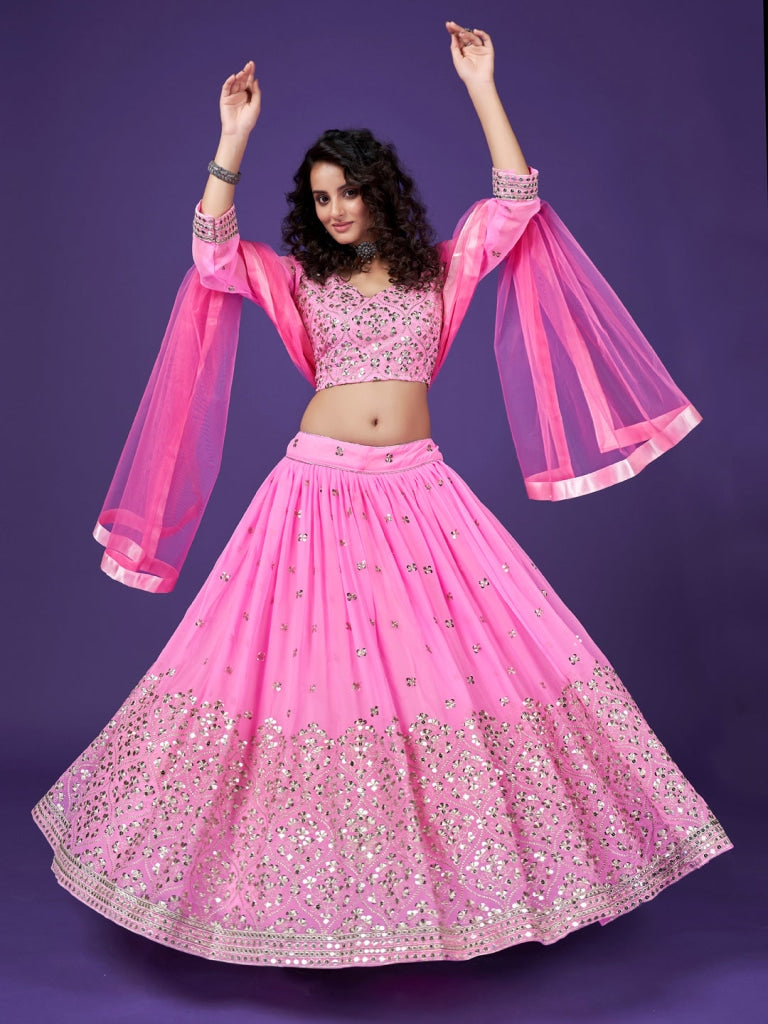 Rose Pink Sequins Embroidered Georgette Reception Lehenga Choli Lehenga Choli