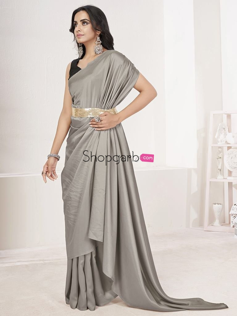 Seal Grey Ready To Wear One Minute Lycra Saree