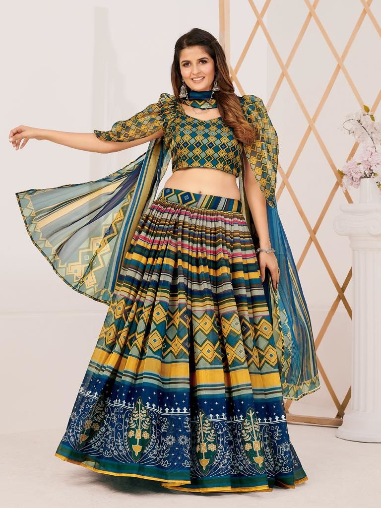 Stylish Multi Printed Lehenga And Blouse With Dupatta