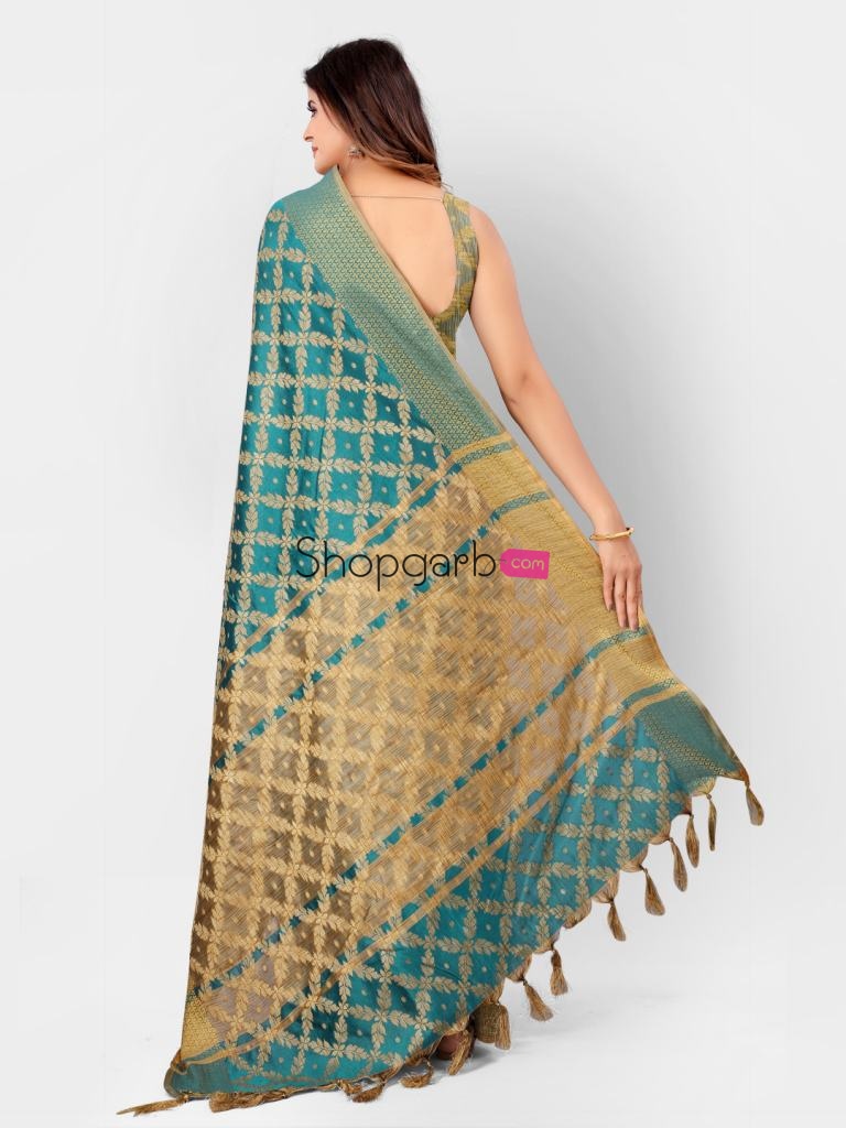 Teal And Gold Banarasi Cotton Silk Kanjeevaram Style Saree With Stylish Blouse