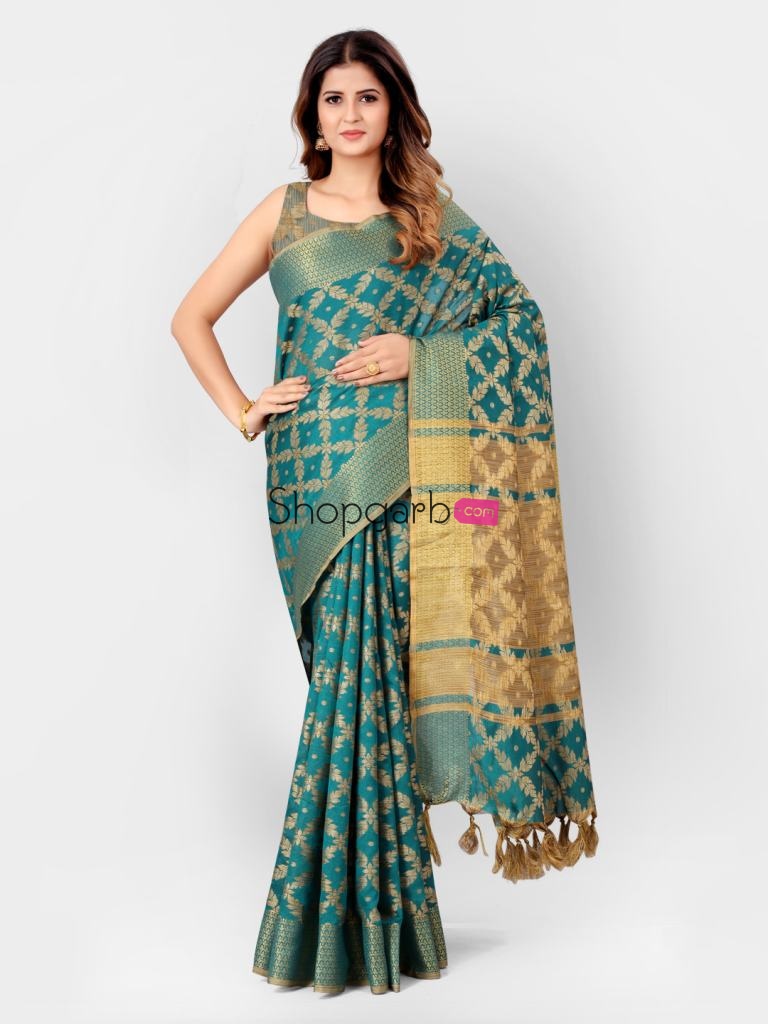 Teal And Gold Banarasi Cotton Silk Kanjeevaram Style Saree With Stylish Blouse