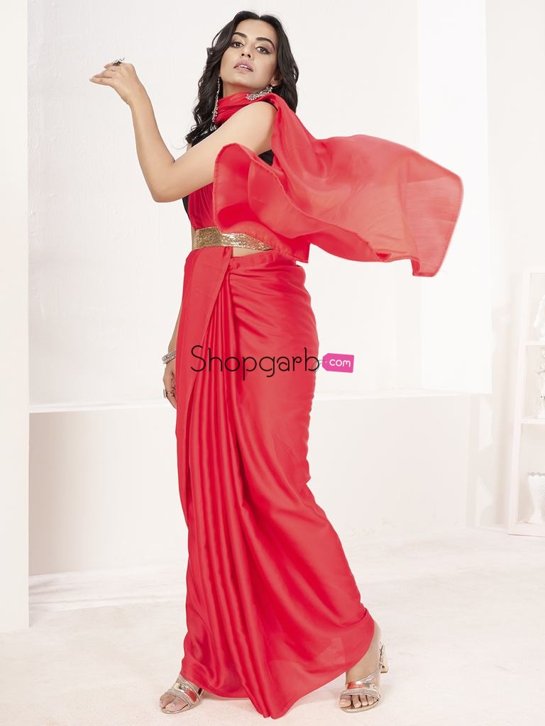 Tomato Red Ready To Wear One Minute Lycra Saree