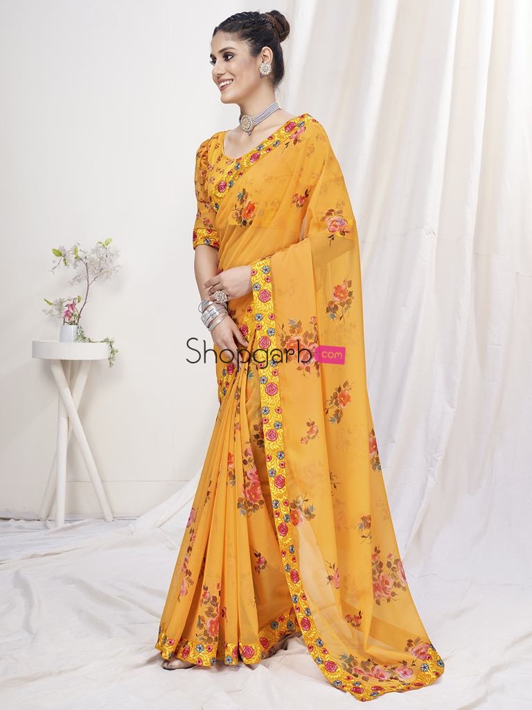 Turmeric Yellow Floral Designer Georgette Saree