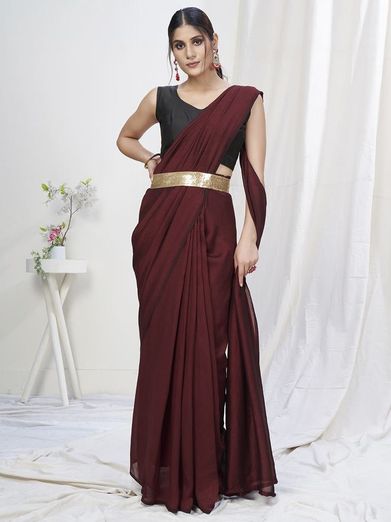 Wine Ready To Wear One Minute Lycra Saree