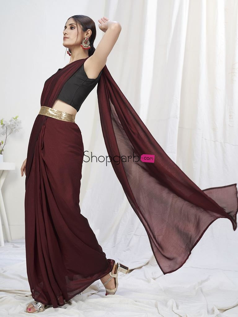 Wine Ready To Wear One Minute Lycra Saree