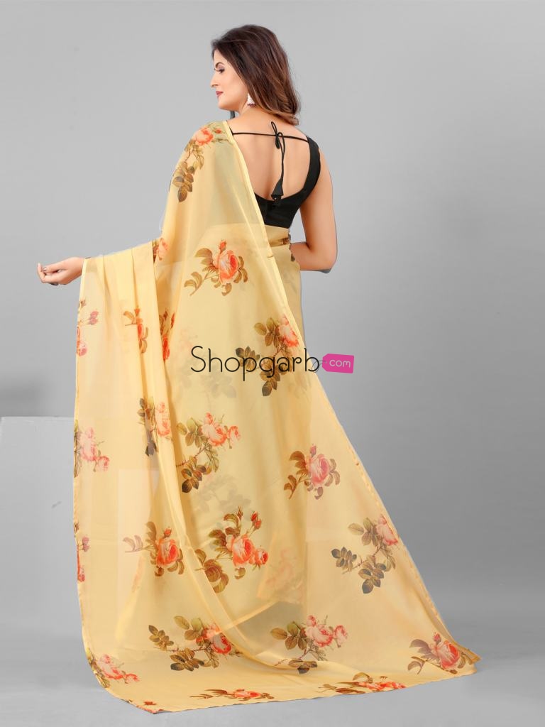 Yellow And Brown Organza Floral Printed Party Wear Saree