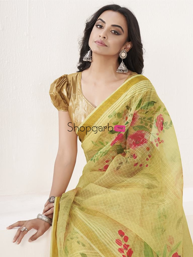 Yellow Floral Digital Printed Cotton Silk Linen Saree