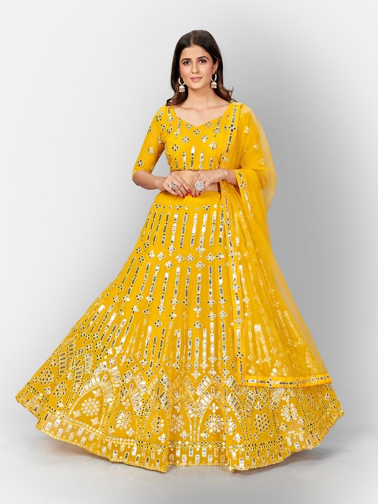 Yellow Foil Print Lehenga Unstitch Blouse & Dupattas