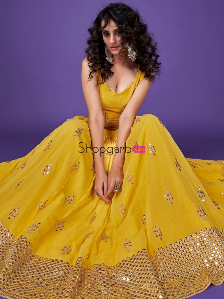 Yellow Sequins Embroidered Georgette Haldi Wear Lehenga Choli Lehenga Choli