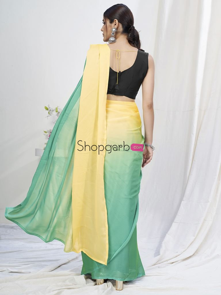 Yellow-Teal Ready To Wear One Minute Lycra Saree